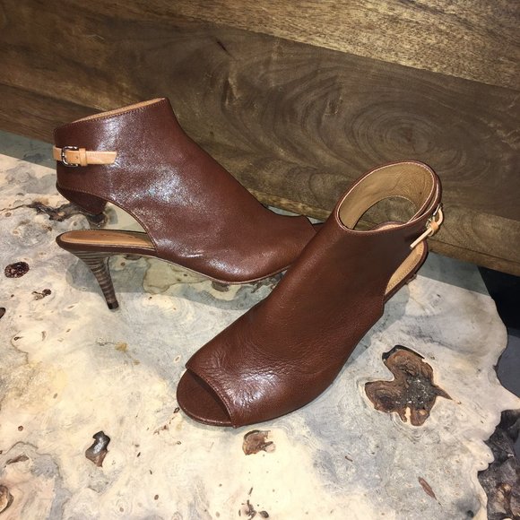 Coach "Milah" Open-Toe Slingback Kitten Heel Brown Leather Ankle Boots - Picture 1 of 11